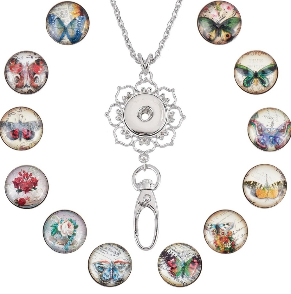 Snap Jewelry Lanyard Necklace With 12 Interchangeable Butterflies Roses Buttons